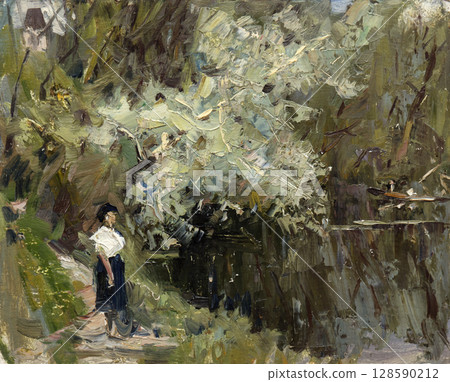 landscape, picture of nature, oil painting, handmade drawing 128590212