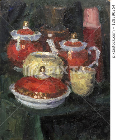 still life, oil painting, handmade drawing 128590254