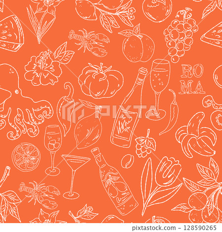 Seamless pattern of hand drawn summer food icons. Mediterranean dolce vita. Sketchy, whimsical style. 128590265