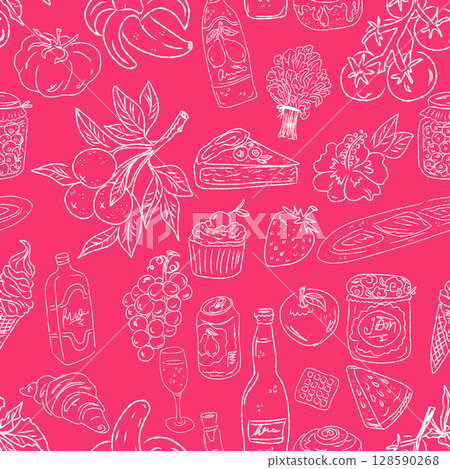 Seamless pattern of hand drawn summer food icons. Mediterranean dolce vita. Sketchy, whimsical style. 128590268
