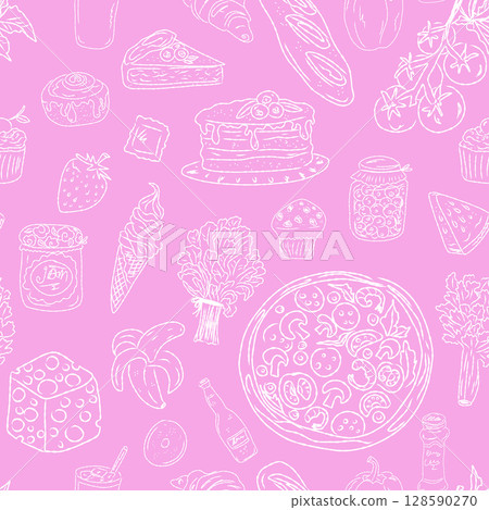 Seamless pattern of hand drawn summer food icons. Mediterranean dolce vita. Sketchy, whimsical style. 128590270