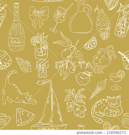 Seamless pattern of hand drawn summer food icons. Mediterranean dolce vita. Sketchy, whimsical style. 128590271