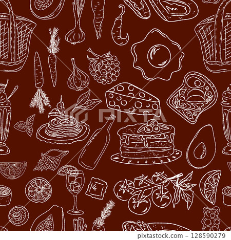 Seamless pattern of hand drawn summer food icons. Mediterranean dolce vita. Sketchy, whimsical style. Seamless pattern of hand drawn summer food icons. Mediterranean dolce vita. Sketchy, whimsical style. 128590279