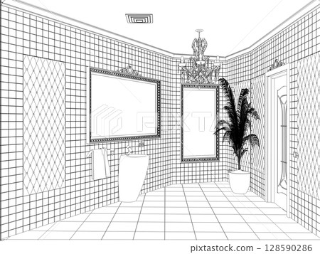 restroom, contour visualization, 3D illustration, sketch, outline 128590286