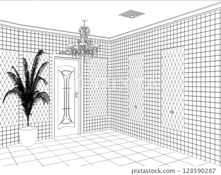restroom, contour visualization, 3D illustration, sketch, outline restroom, contour visualization, 3D illustration, sketch, outline 128590287