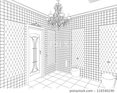restroom, contour visualization, 3D illustration, sketch, outline restroom, contour visualization, 3D illustration, sketch, outline 128590290