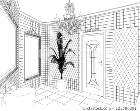 restroom, contour visualization, 3D illustration, sketch, outline restroom, contour visualization, 3D illustration, sketch, outline 128590291