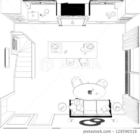 interior contour visualization, 3D illustration, sketch, outline 128590318