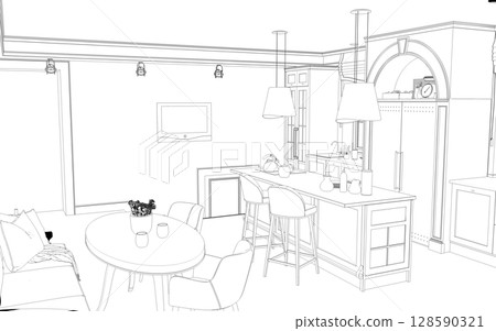 interior contour visualization, 3D illustration, sketch, outline 128590321