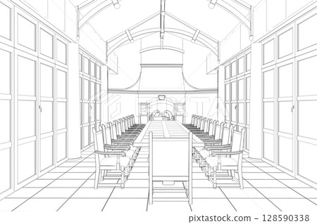 restaurant, 3D illustration, sketch, outline restaurant, 3D illustration, sketch, outline 128590338