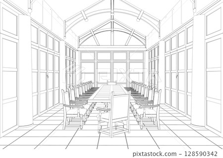 restaurant, 3D illustration, sketch, outline restaurant, 3D illustration, sketch, outline 128590342
