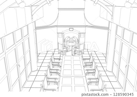 restaurant, 3D illustration, sketch, outline restaurant, 3D illustration, sketch, outline 128590345