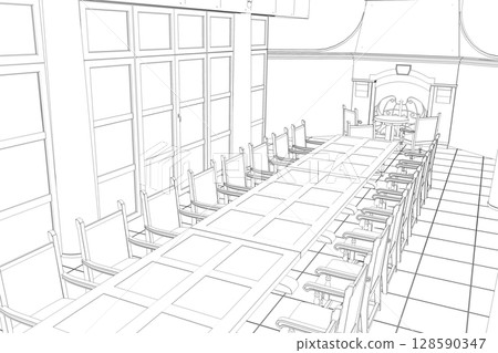 restaurant, 3D illustration, sketch, outline restaurant, 3D illustration, sketch, outline 128590347