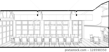 restaurant, 3D illustration, sketch, outline 128590350