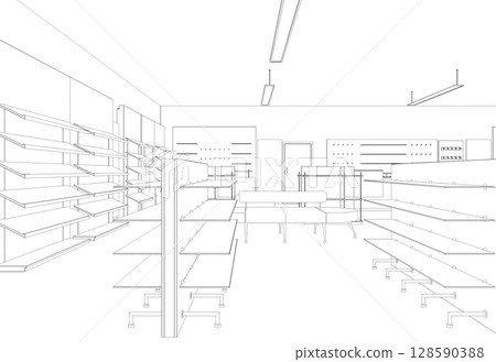 shopping mall, contour visualization, 3D illustration, sketch, outline 128590388