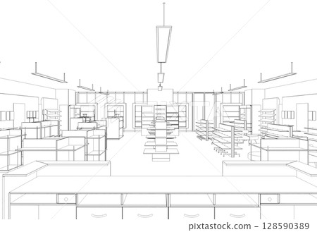 shopping mall, contour visualization, 3D illustration, sketch, outline 128590389
