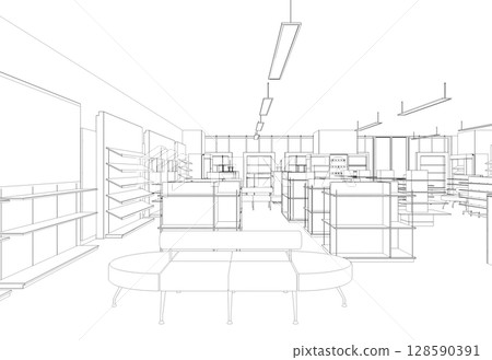 shopping mall, contour visualization, 3D illustration, sketch, outline 128590391