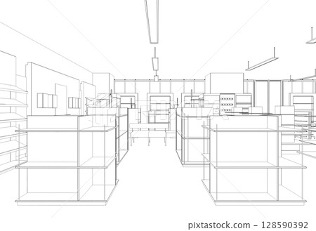 shopping mall, contour visualization, 3D illustration, sketch, outline 128590392