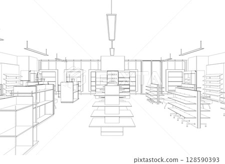 shopping mall, contour visualization, 3D illustration, sketch, outline 128590393