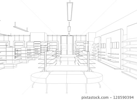 shopping mall, contour visualization, 3D illustration, sketch, outline 128590394