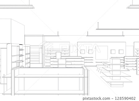 shopping mall, contour visualization, 3D illustration, sketch, outline shopping mall, contour visualization, 3D illustration, sketch, outline 128590402