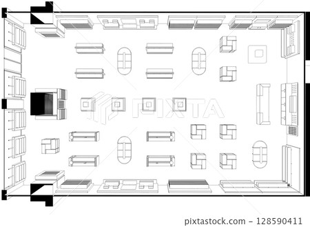 shopping mall, contour visualization, 3D illustration, sketch, outline 128590411