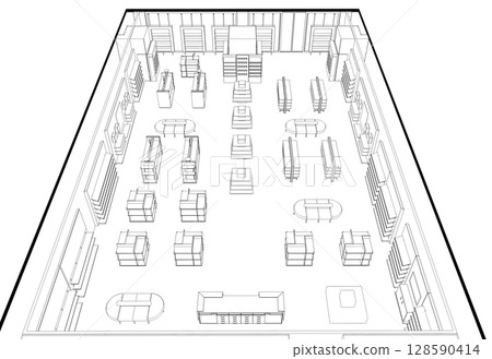 shopping mall, contour visualization, 3D illustration, sketch, outline 128590414
