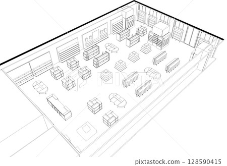shopping mall, contour visualization, 3D illustration, sketch, outline shopping mall, contour visualization, 3D illustration, sketch, outline 128590415