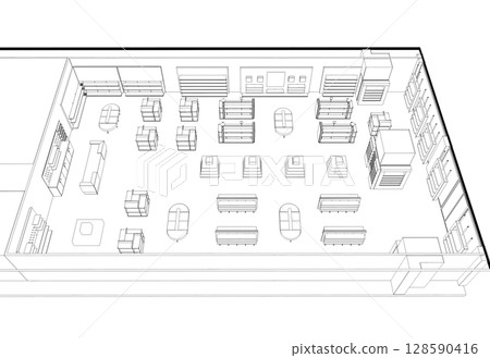 shopping mall, contour visualization, 3D illustration, sketch, outline shopping mall, contour visualization, 3D illustration, sketch, outline 128590416