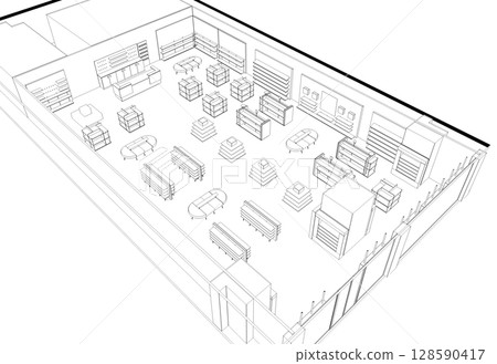 shopping mall, contour visualization, 3D illustration, sketch, outline 128590417