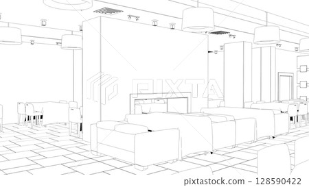 shopping mall, contour visualization, 3D illustration, sketch, outline 128590422