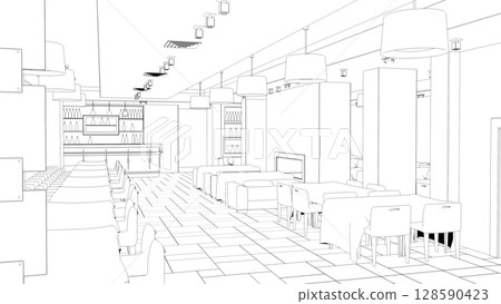 shopping mall, contour visualization, 3D illustration, sketch, outline 128590423