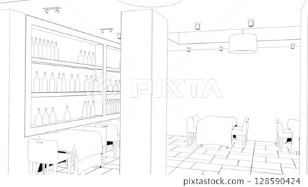 shopping mall, contour visualization, 3D illustration, sketch, outline 128590424