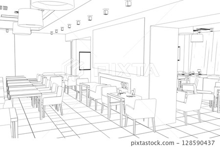 shopping mall, contour visualization, 3D illustration, sketch, outline 128590437