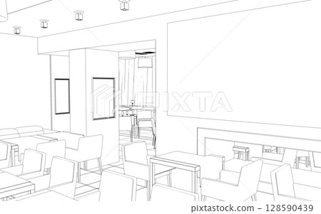 shopping mall, contour visualization, 3D illustration, sketch, outline 128590439