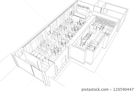shopping mall, contour visualization, 3D illustration, sketch, outline shopping mall, contour visualization, 3D illustration, sketch, outline 128590447