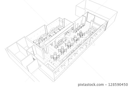 shopping mall, contour visualization, 3D illustration, sketch, outline 128590450