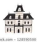 An illustration of a haunted house in gothic style. Spooky vintage mansion with black roof and beige walls. Perfect for Halloween designs, posters, invitations, and seasonal projects. 128590500