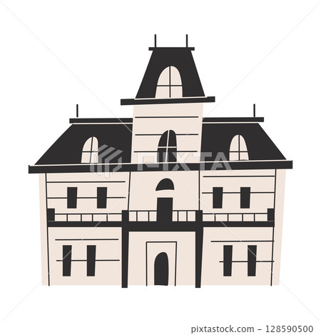An illustration of a haunted house in gothic style. Spooky vintage mansion with black roof and beige walls. Perfect for Halloween designs, posters, invitations, and seasonal projects. 128590500