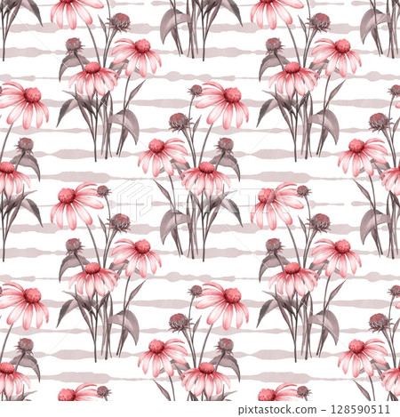 Delicate pink echinacea flowers, seamless pattern with striped background Delicate pink echinacea flowers, seamless pattern with striped background 128590511