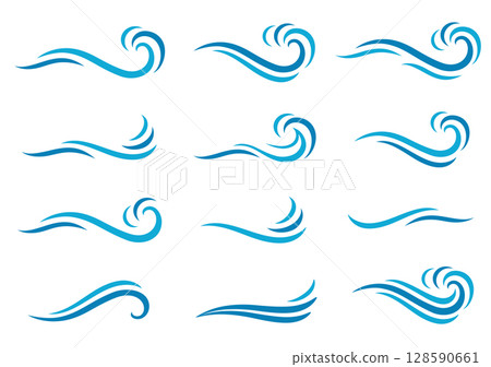 Blue set icons water waves, flowing swirl, splash 128590661
