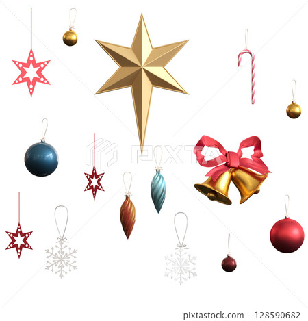 Christmas decorations, New Year's decor, isolate on a transparent background, 3D illustration, cg render Christmas decorations, New Year's decor, isolate on a transparent background, 3D illustration, cg render 128590682