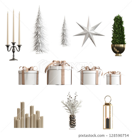 Christmas decorations, New Year's decor, isolate on a transparent background, 3D illustration, cg render Christmas decorations, New Year's decor, isolate on a transparent background, 3D illustration, cg render 128590754