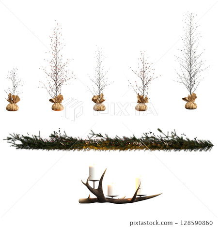 Christmas decorations, New Year's decor, isolate on a transparent background, 3D illustration, cg render Christmas decorations, New Year's decor, isolate on a transparent background, 3D illustration, cg render 128590860