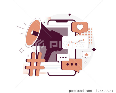 Social media marketing strategy, management and advertising. Boost smm campaign performance and audience engagement. Social media marketing supports analytics-driven content planning illustration 128590924