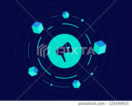 Blockchain marketing improves transparency in advertising and boosts trust through secure crypto ad tracking. Blockchain marketing reduces fraud in digital campaigns. Modern vector illustration 128590925