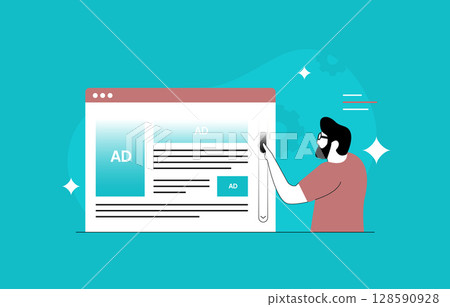 Scroll triggered popup ad with behavior triggered advertising. Scroll engagement tools with triggered popup ads interaction. Dynamic banners and smart ad system vector illustration 128590928