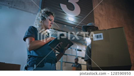 Diverse Employees Carrying Cardboard Boxes. Female Manager Scanning Parcels, Using Digital Tablet 128590950