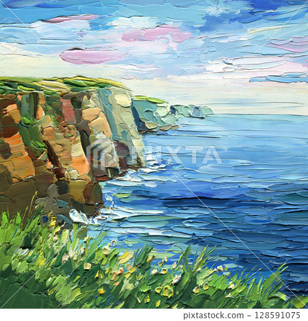 Rocky sea cliffs acrylic impasto painting with ocean waves wild coastline and blue sky landscape wall art 128591075