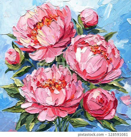 Pink peonies in impasto acrylic painting with green leaves on textured blue background floral wall art 128591081
